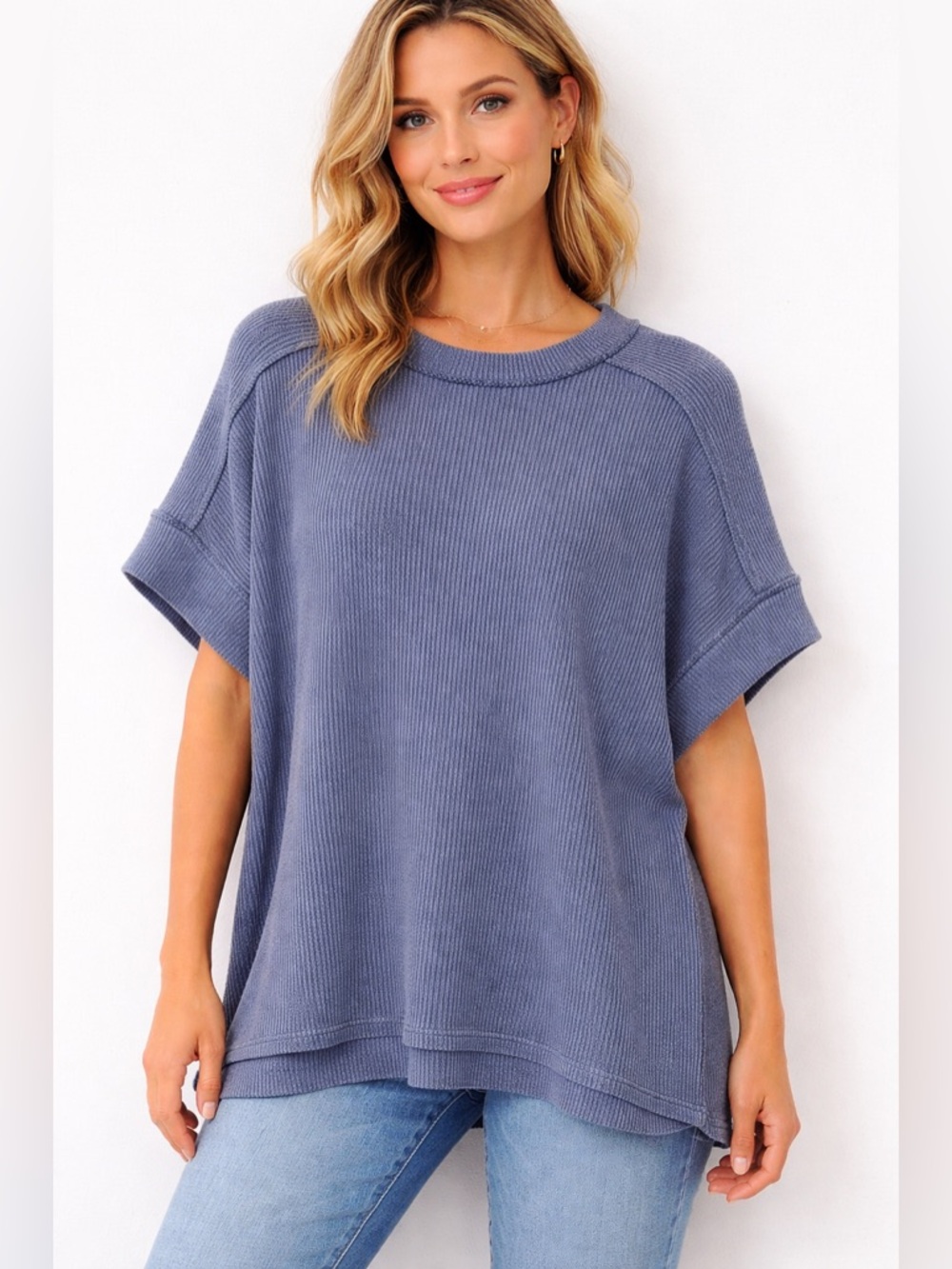 Zenana Outfitters Oversized Ribbed Top in Navy